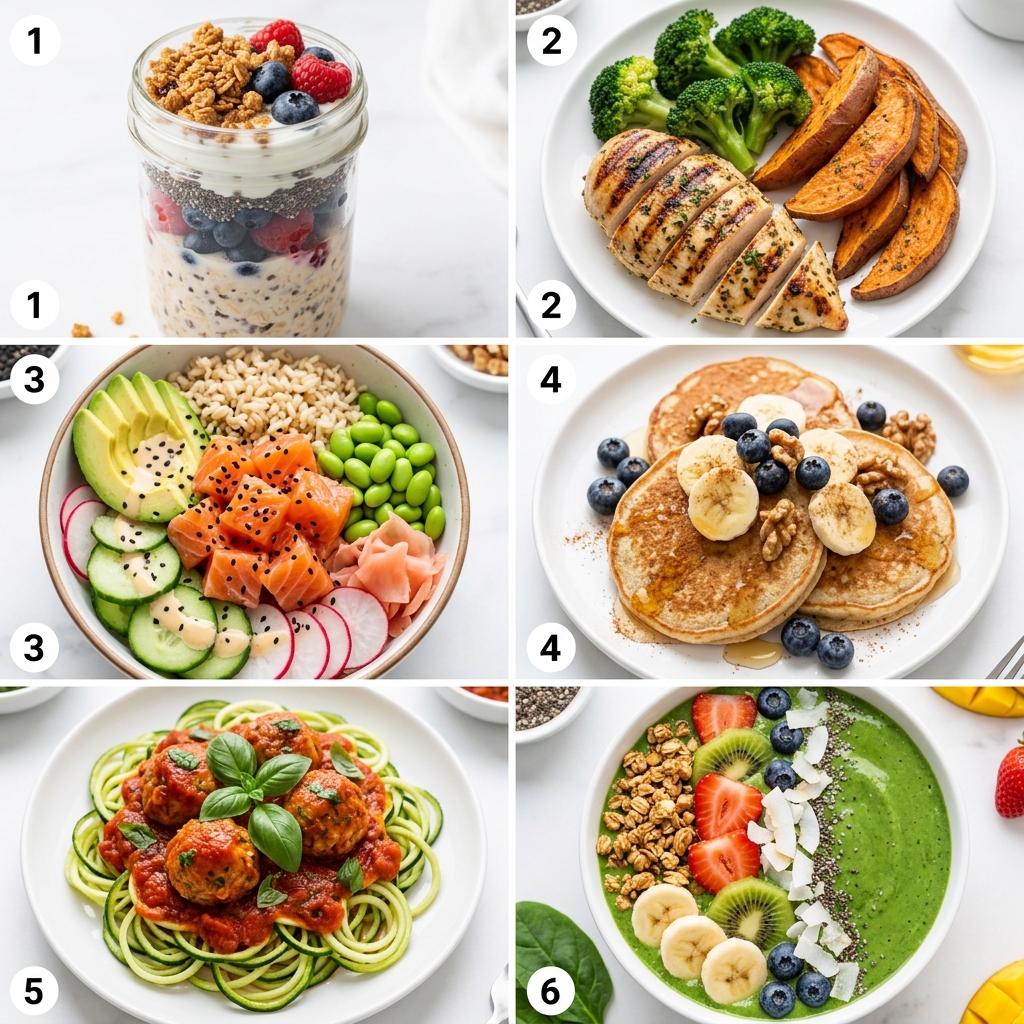 Exemplos de receitas fitness deliciosas — smoothie bowls, frango grelhado, poke bowls, panquecas proteicas
