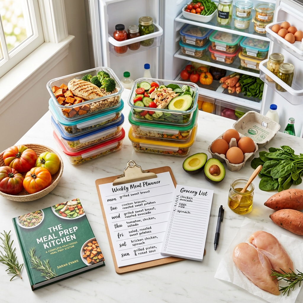 Sistema completo de organização alimentar — marmitas organizadas, lista de compras, planner semanal e ingredientes frescos