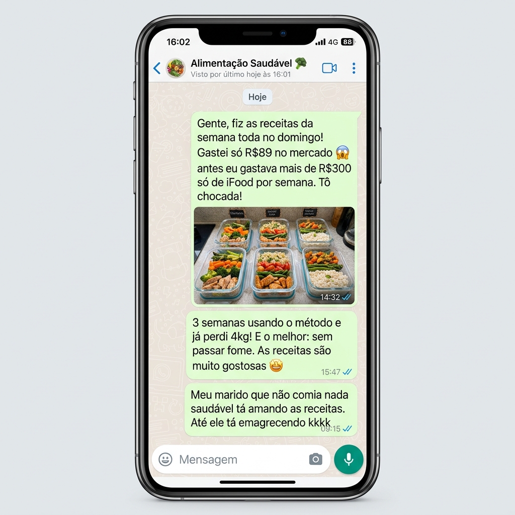 Prints de depoimentos reais no WhatsApp de clientes que usam o método de organização alimentar